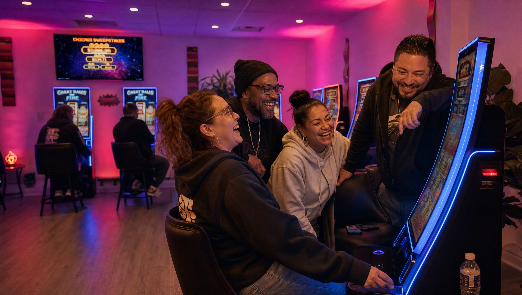 Four friends laughing together at a lit game cabinet inside The Flame, a warm, neon-lit neighborhood lounge in Wicker Park