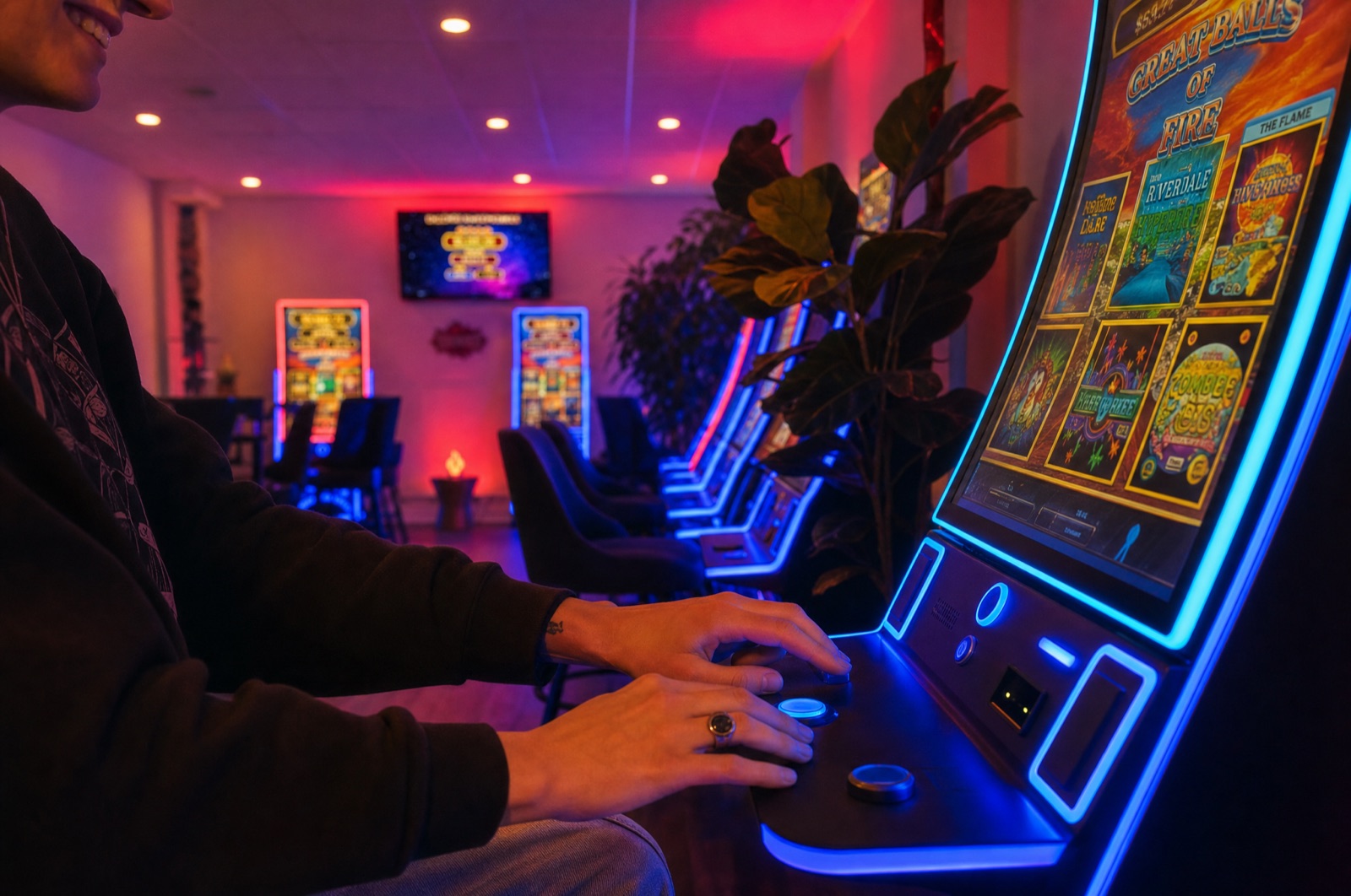 A person's hands resting on the glowing buttons of a game cabinet, a relaxed smile at the edge of frame