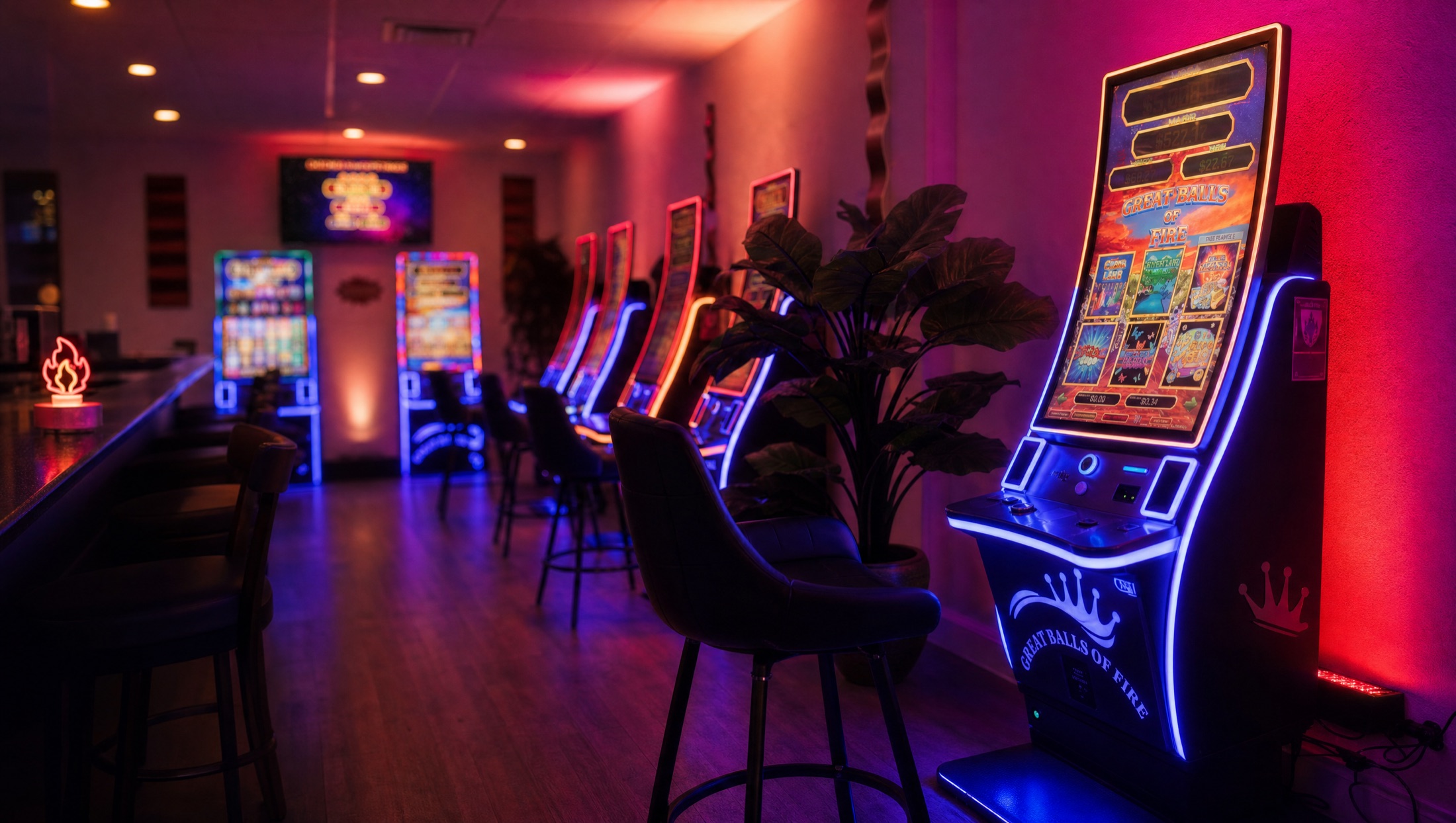 An empty stool waiting at a warm, glowing game cabinet inside The Flame