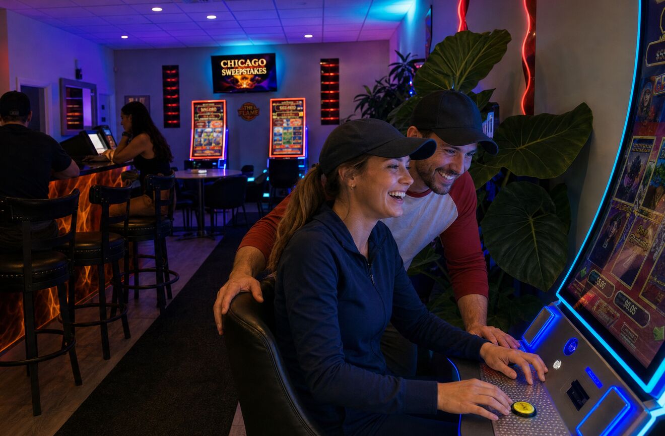 A young couple in ball caps laughing together at a machine along the west wall